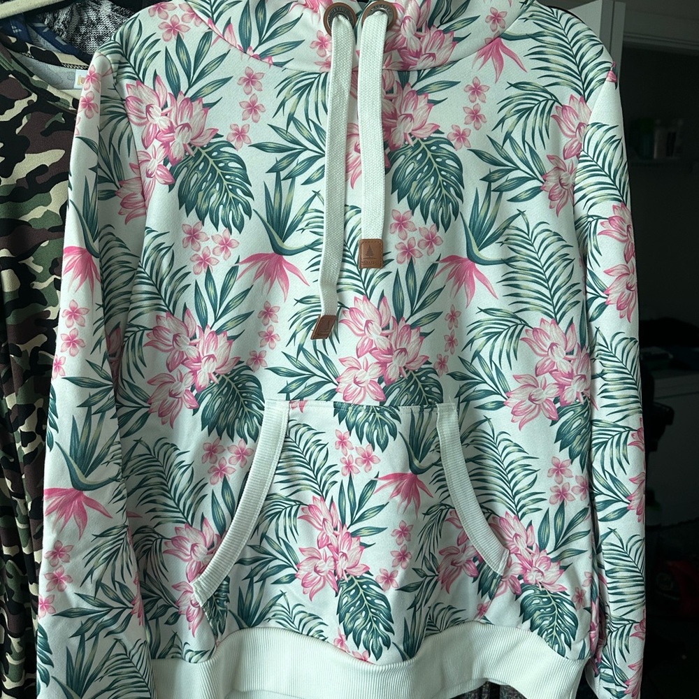 Wanakome Floral Hoodie with Pink and Green Accents